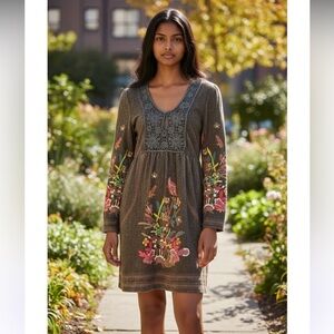 Aryeh Anthropologie Knit Dress Women’s M Brown Sheath Mod Colorful Floral Boho